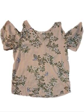 C&E Size XS Floral Blush Pink & Sage Bird Pattern Cold Shoulder Top